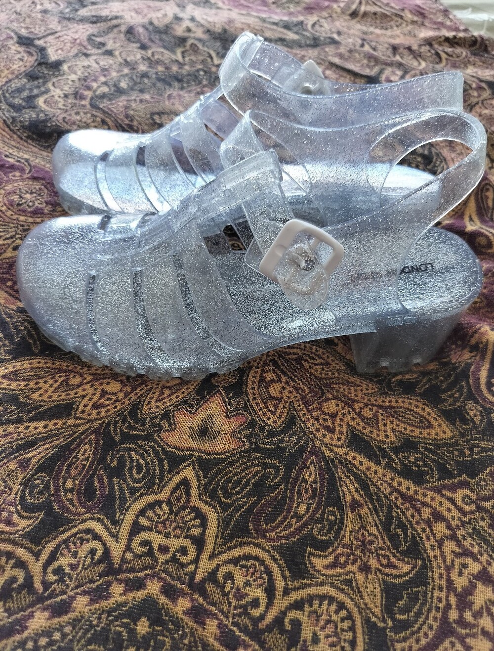 London Rebel Size 10 Clear Silver Glitter Heeled Jelly Sandals EUC - Picture 2 of 11
